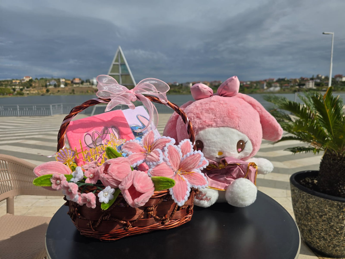 Charming Handmade Gift Basket with Soft Pink Flowers & Plush Unicorn