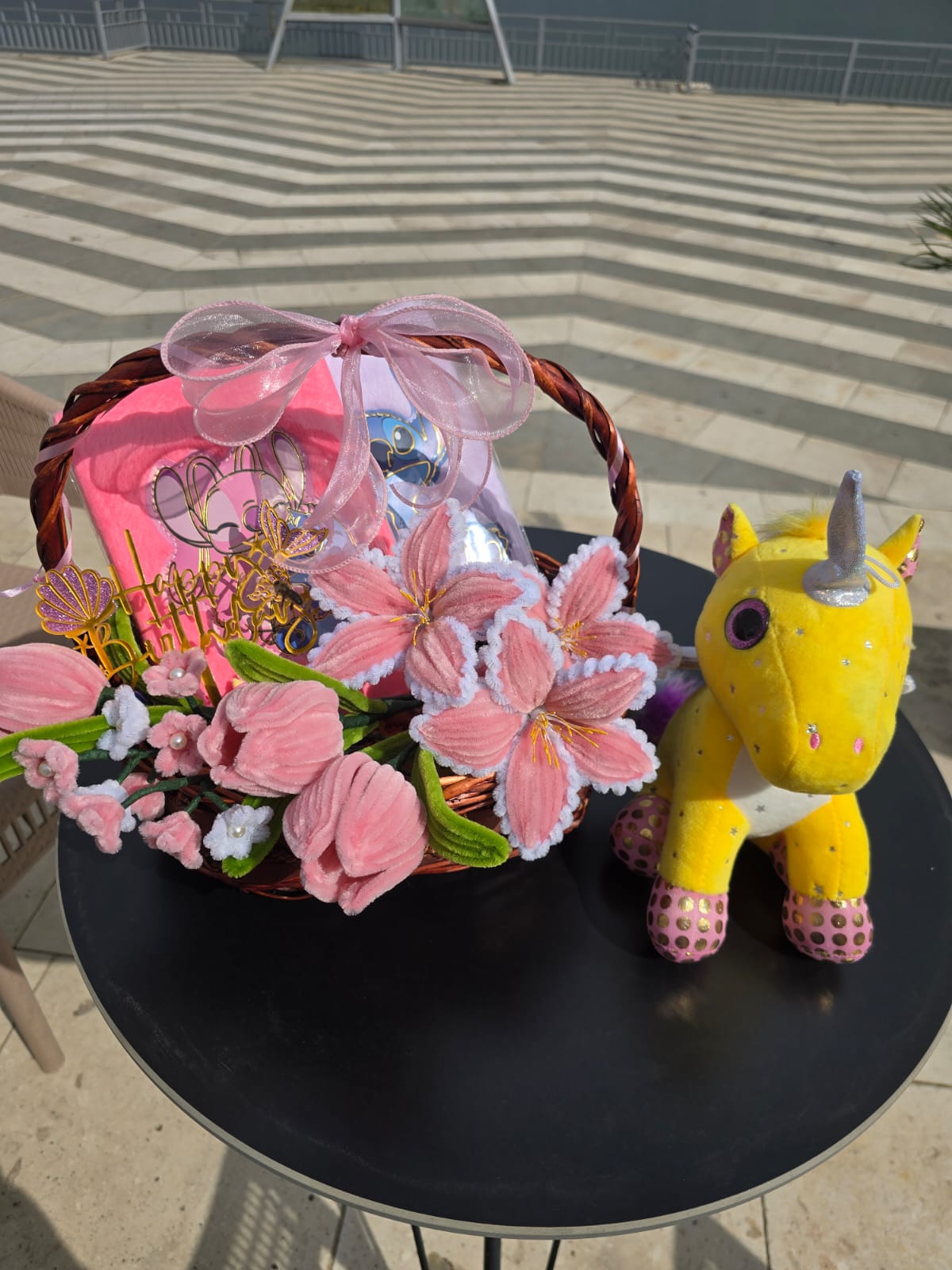 Charming Handmade Gift Basket with Soft Pink Flowers & Plush Unicorn