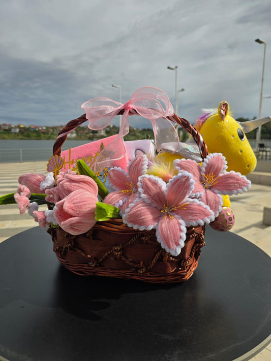 Charming Handmade Gift Basket with Soft Pink Flowers & Plush Unicorn