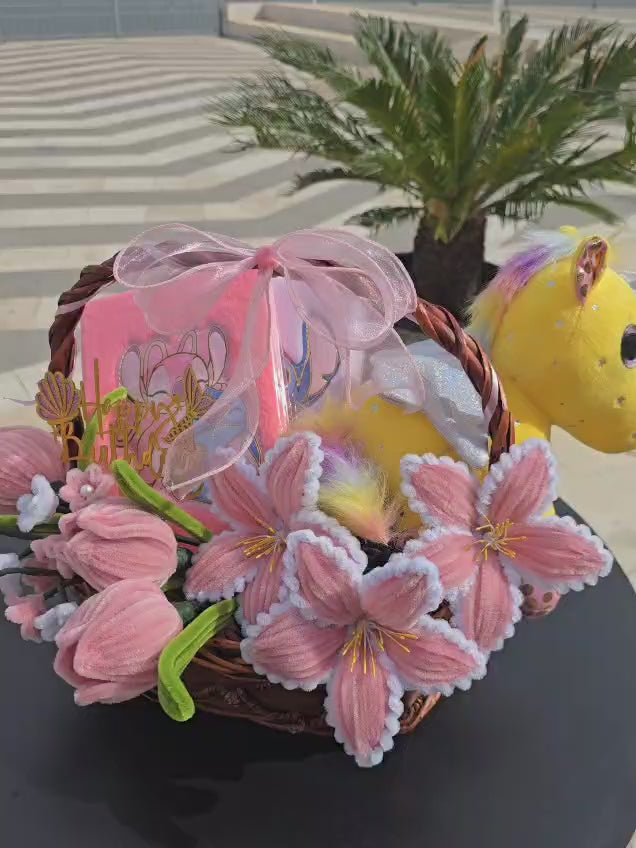 Charming Handmade Gift Basket with Soft Pink Flowers & Plush Unicorn