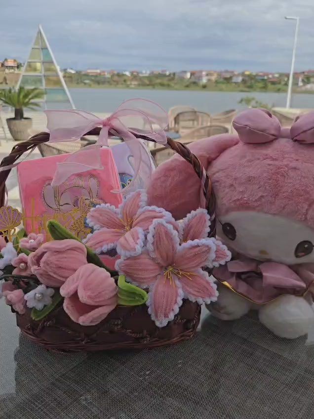 Charming Handmade Gift Basket with Soft Pink Flowers & Plush Unicorn