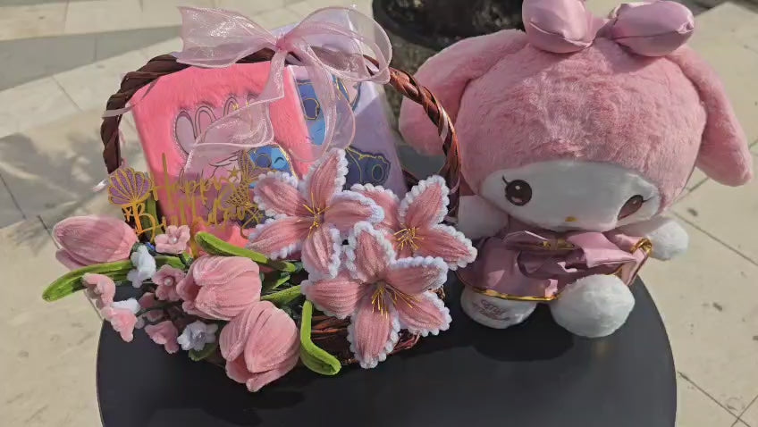 Charming Handmade Gift Basket with Soft Pink Flowers & Plush Unicorn