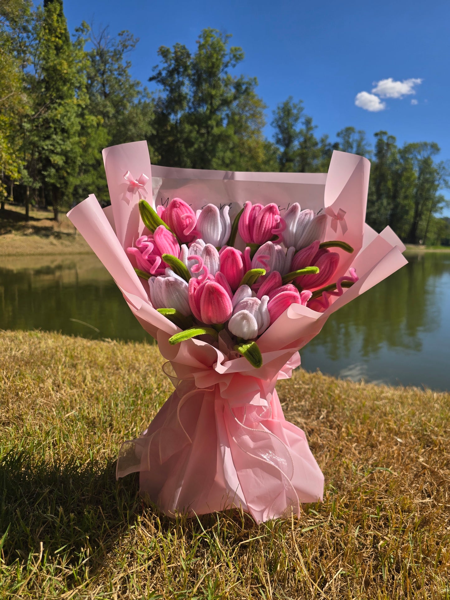 Handmade flower Bouquet Pink&white tulips