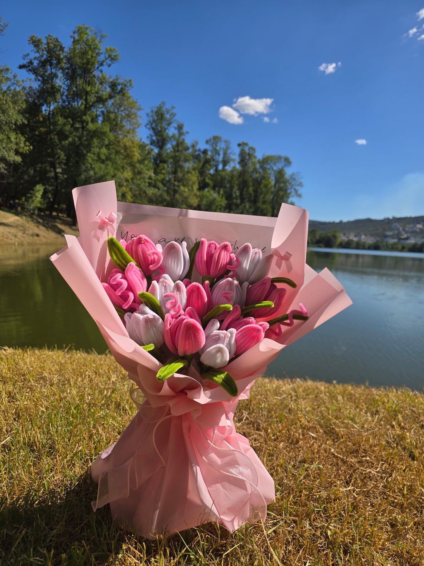 Handmade flower Bouquet Pink&white tulips