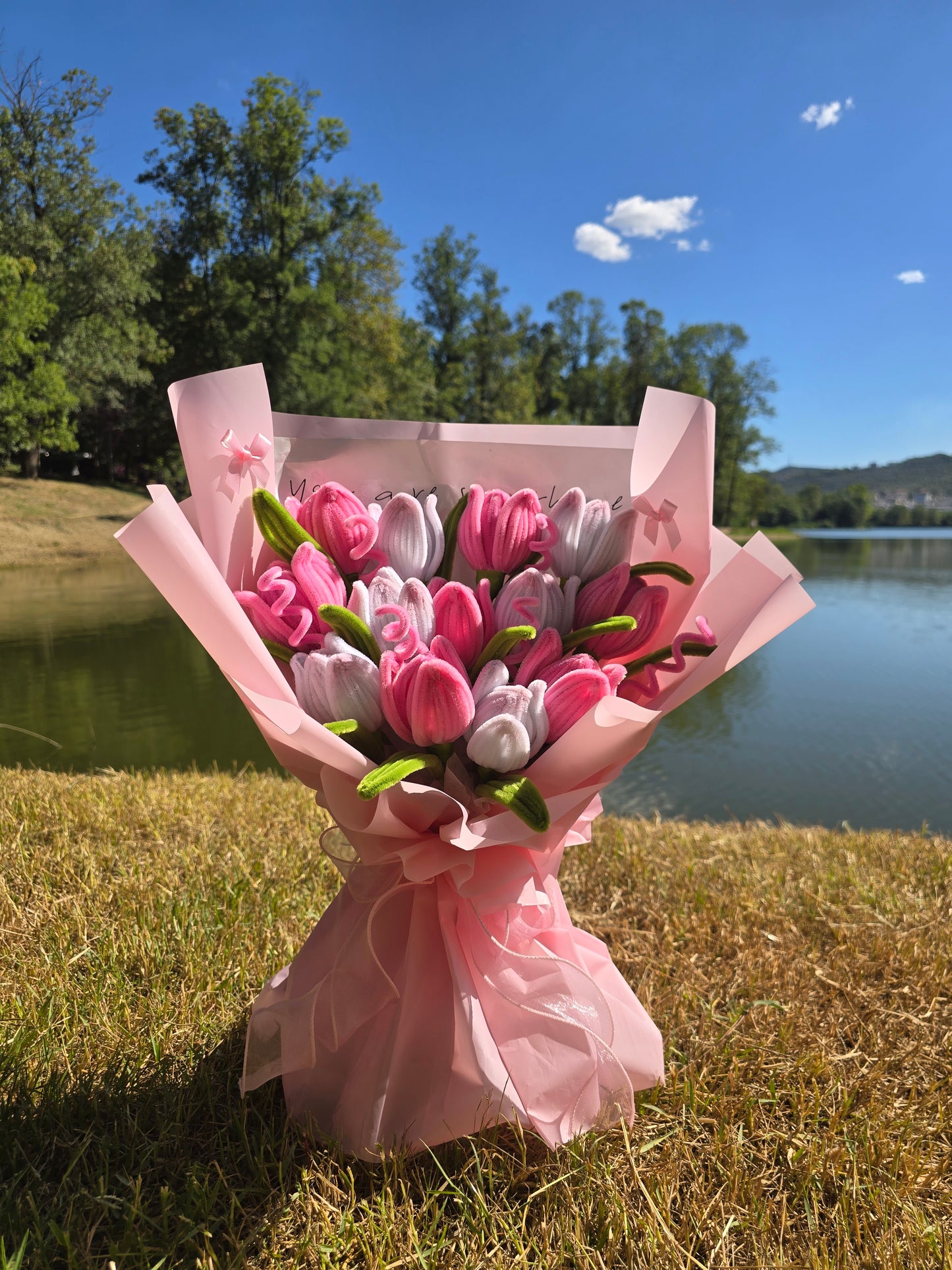 Handmade flower Bouquet Pink&white tulips